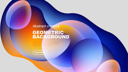 Abstract shapes overlap, creating vibrant color gradients. Text block present, offering information or call to action. Modern design.