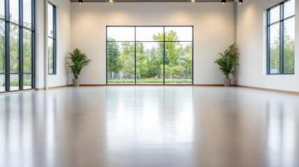 Fototapeta premium Bright empty studio with large windows and potted plants reflecting on polished floor