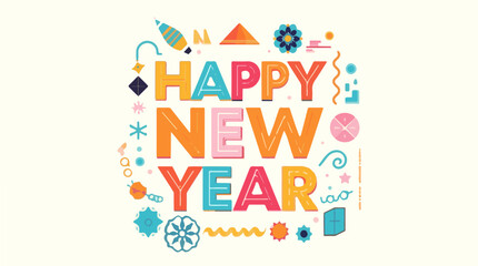 Vector illustration template featuring festive happy new year design elements with a modern flat design style, incorporating vibrant colors, bold typography