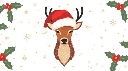  illustration of a Christmas deer with a Santa hat, incorporated into a festive holiday decoration, featuring a flat design aesthetic with clean lines with png Transparent 