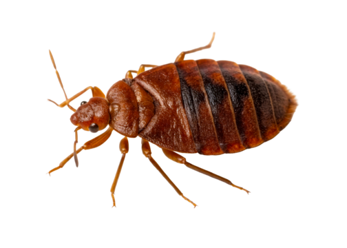 Extreme close up of a bed bug revealing its segmented body, legs, and head with visible eyes, perfect for pest control and entomology education materials.