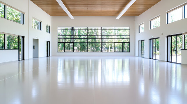 Bright empty multipurpose hall with large windows and wooden ceiling