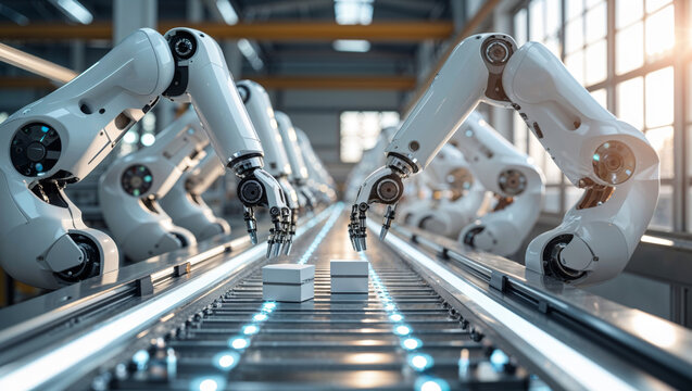 robotic arms assembling products on a factory production line