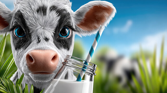 Cute spotted cartoon cow showcasing a refreshing bottle of milk. Complete with a striped straw. Presenting dairy freshness on a smooth blue backdrop. With green leaves complementing the natural theme