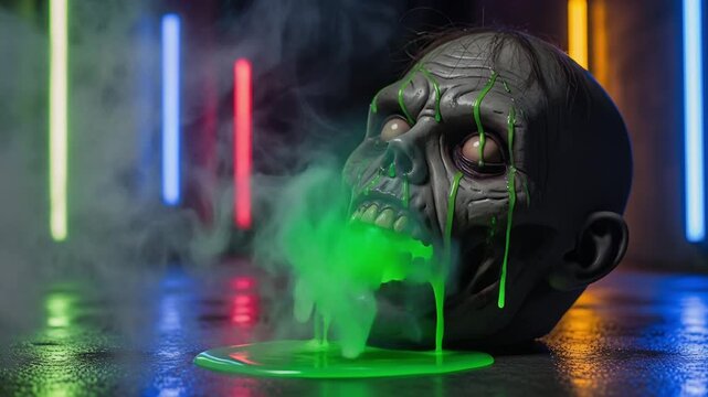 Close-up on a prop zombie that has been leaking a fluorescent green ooze from its mouth. The ooze is slowly, viscously dripping onto the ground