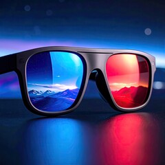 Reflected landscapes in 3D glasses on a dark surface
