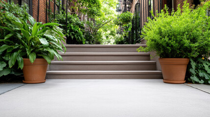 Stone stoop with potted plants and green foliage leading to leafy courtyard