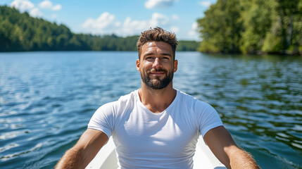 Young man rowing boat on lake smiling in sunny summer