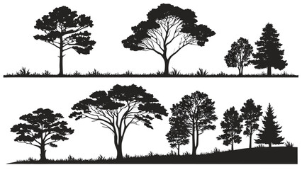 Obraz premium Vector illustration collection of black silhouette tree and grass border designs for landscape illustration and nature graphic element creation