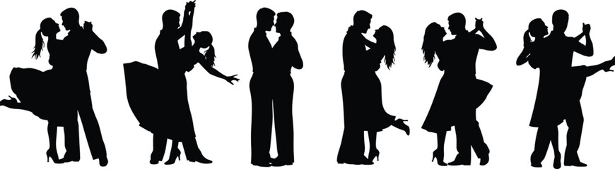 Dancing couple silhouettes, elegant poses, romantic movement, expressive gesture, dance styles illustration, partner interaction concept, graceful motion design, flat vector