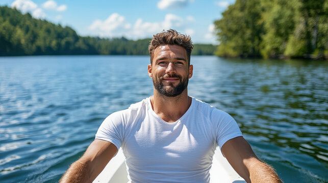 Young man rowing boat on lake smiling in sunny summer