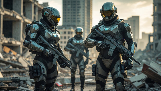 Futuristic soldiers survey a war-torn city landscape, armed and ready for action - Powered by Adobe