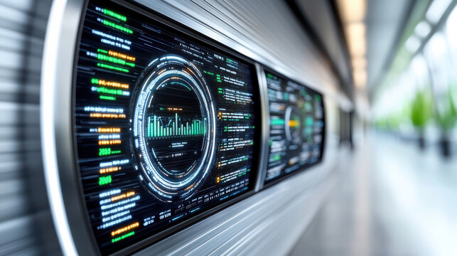 Futuristic data dashboard, digital interface, analytics display, circular chart, green accents