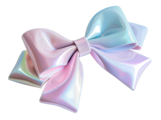 A shiny holographic bow displays a range of shimmering colors against a transparent background, making it perfect for crafts and fashion accents