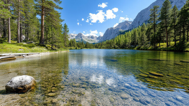 Clear blue lake pine tree mountain forest reflection water sky cloud