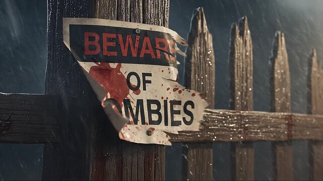 Close-up shot of a torn and bloody Beware of Zombies sign nailed to a splintered fence post. The paper is flapping violently in a sudden gust of wind
