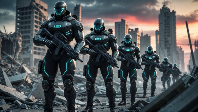 Futuristic soldiers in tactical gear stand guard in a post-apocalyptic cityscape