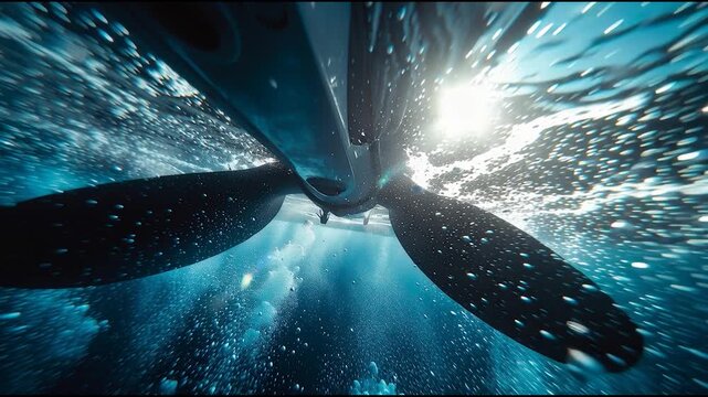 Underwater view of spinning ship propeller in motion with bubbles and dynamic ocean turbulence