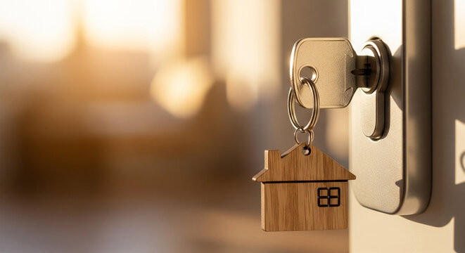 Warm sunlight illuminating house key in lock with wooden keychain illustrating new homeowner, security, and real estate concept - Powered by Adobe