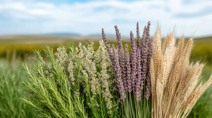 Naklejka premium Fresh rosemary lavender wheat and wildflower bouquet in natural field scene