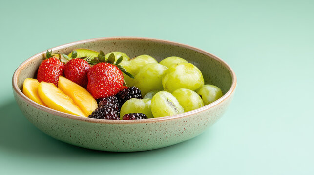 Fresh fruit bowl with strawberries grape kiwi blackberry and peach slices on pastel background