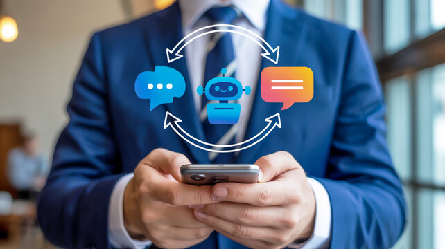 Businessman holding smartphone with chatbot interface and communication icons artificial intelligence - Powered by Adobe