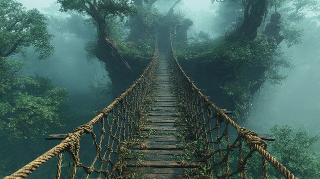 Fototapeta Ancient Forest Rope Bridge Spanning a Deep Ravine in Misty Setting