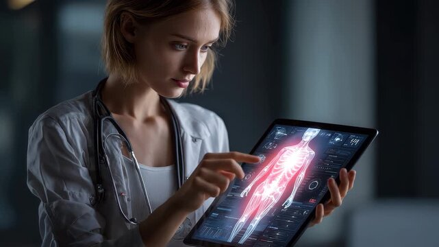 Medical professional interacts with advanced AI-powered medical interface on tablet in healthcare environment focused on patient diagnostics