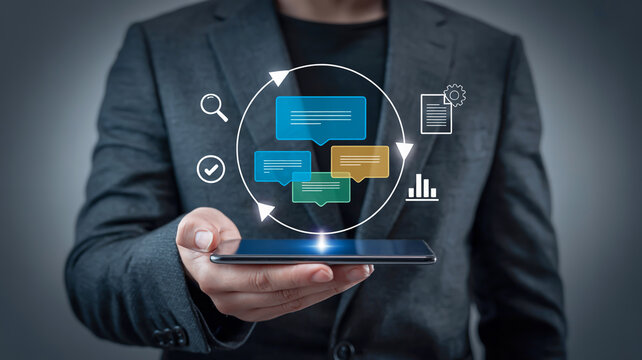 Businessman holding smartphone with digital workflow and communication icons floating above technology