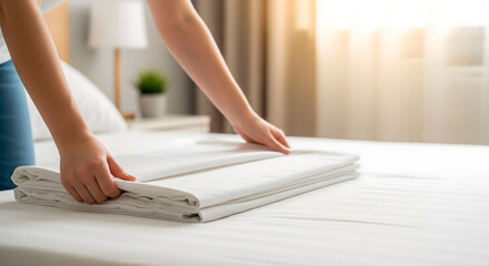 Woman making bed with fresh white linens in a bright, sunlit bedroom