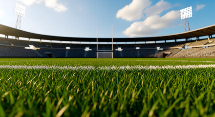 Football stadium with green grass and goal posts under a bright blue sky