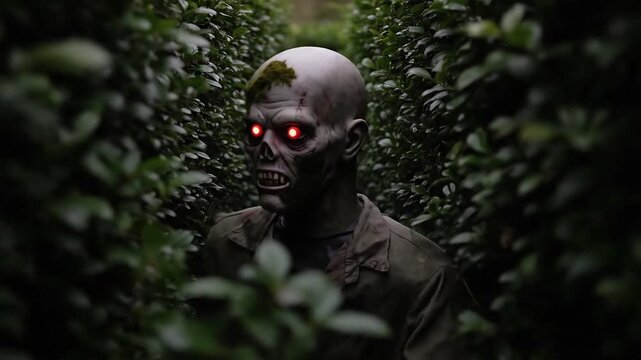 Dolly shot moving past a dense, shadowy shrubbery. A partially hidden zombie mannequin with light-up eyes becomes visible as the camera passes