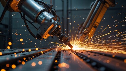 Automated robotic arm welding metal with sparks in a modern industrial setting