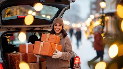 Woman smiling and loading christmas gift box into car trunk with city street in winter. Holiday shopping and celebration preparation. - Powered by Adobe