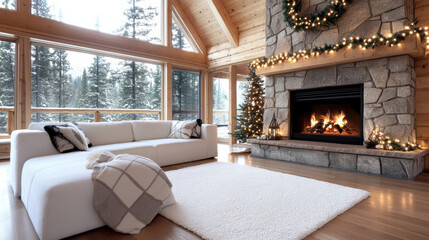 Obraz premium Cozy cabin fireplace corner glowing holiday light wreath garland
