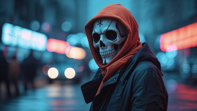 Person in skull mask and orange hoodie in a city at night