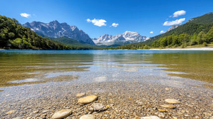 Crystal clear lake reflecting distant mountain range under blue sky with peaceful shoreline