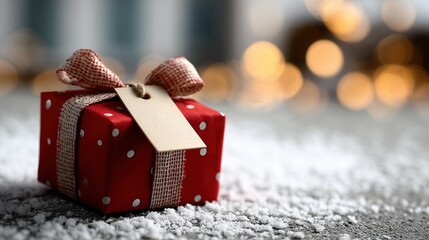 Obraz premium Cadeau de Noël rouge à pois blancs avec ruban sur surface enneigée