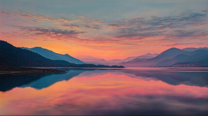 Serene Pink Sunset Reflecting Over Calm Lake and Mountain Landscape