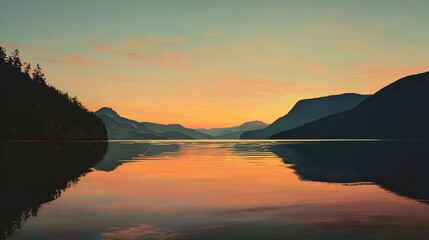 Serene Pink Sunset Reflecting Over Calm Lake and Mountain Landscape