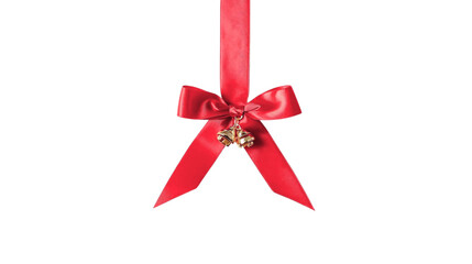 Festive Red Ribbon With A Tied Bow And Golden Jingle Bells Against A Clean Minimalist White
