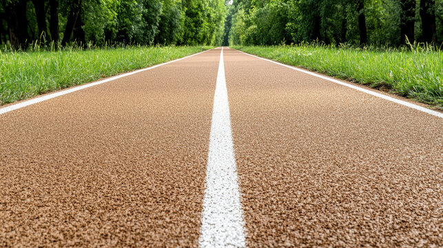 Running track lane park with white center line, green trees and grass creating calm perspective