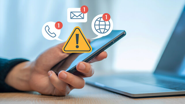 Hand Holding Smartphone with Multiple Notification Icons and Warning Symbol Over a Blurred Laptop Background