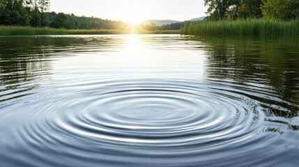 Calm lake ripple at sunrise with reed shoreline, reflective water and serene mood