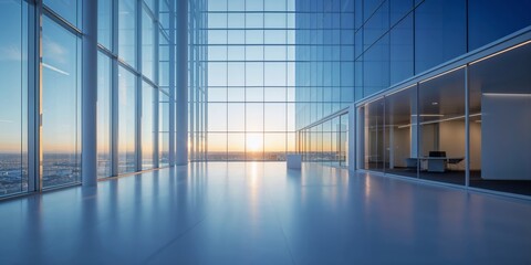 Fototapeta premium Modern office interior with large windows and city view at sunset