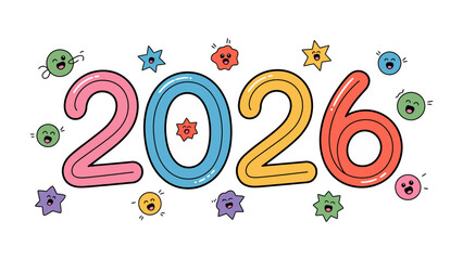 The Year 2026: An illustration showcases the vibrant number 2026, surrounded by playful, colorful characters. The image likely signifies a concept related to the future, optimism.