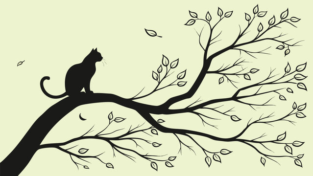 Vector illustration silhouette of a cat perched on a stylized tree branch with sparse leaves blowing in the wind
