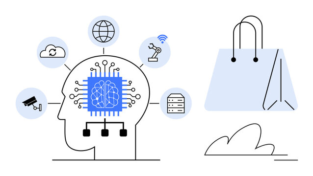 Human head with AI brain, tech icons thumbs up cloud, robotics, and global network with shopping bag. Ideal for AI, retail, innovation, automation, data analysis technology trends simple flat