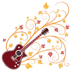 Vector illustration acoustic guitar illustration intertwined with autumn vine scrollwork and colorful falling leaf design