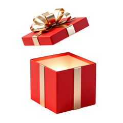 A glowing open red gift box with its gold-ribbon lid floating above on a transparent background, perfect for magical holiday ads, surprise concepts, festive promotions and premium seasonal celebration